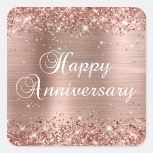 Glitterende Roze Gouden Folie Gelukkig Jubileum Vierkante Sticker