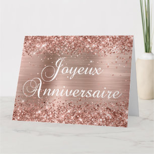 Glitterende Roze Gouden Folie Joyeux Anniversaire Kaart