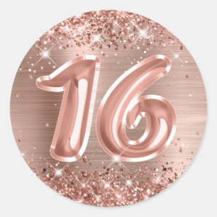 Glitterende Roze Gouden Folie Nummer 16 Verjaardag Ronde Sticker