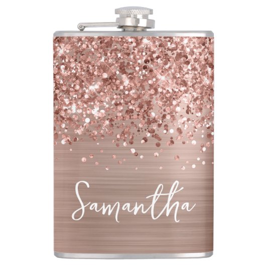 Glitterende Roze Gouden Glam Naam Heupfles (Voorkant)