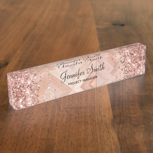 Glitterende Roze Gouden Nep Hout Patroon Naambordje