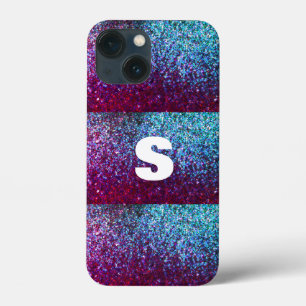 Glitterende roze paarse ombre abstract monogram iPhone 13 mini hoesje