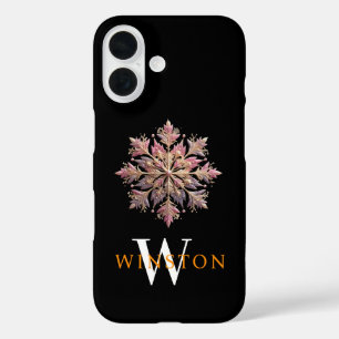 Glitterende Roze Sneeuwvlok Elegantie Monogram Zwa iPhone 16 Hoesje