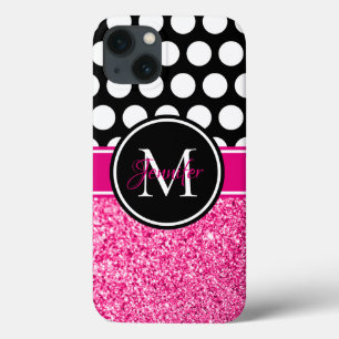 Glitterende roze zwart witte polkadot-monogram iPhone 13 hoesje