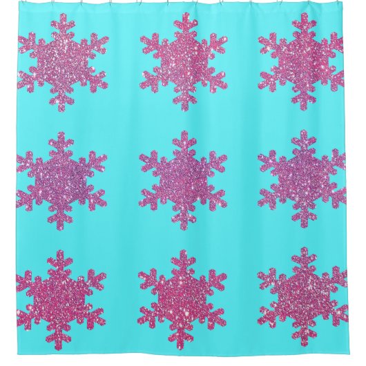 Glitterende Sneeuwvlokken Roze Paars Turquoise Bla Douchegordijn (Voorkant)