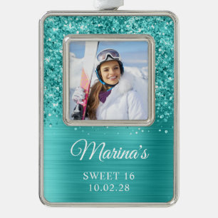 Glitterende Teal Folie Sweet 16 Foto Verzilverd Kader Ornament