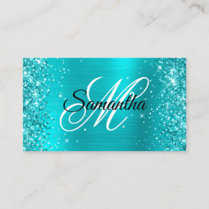 Glitterende turquoise blauwe folie fancy monogram visitekaartje