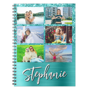 Glitterende Turquoise Blauwe Glam 6 Foto Collage Notitieboek