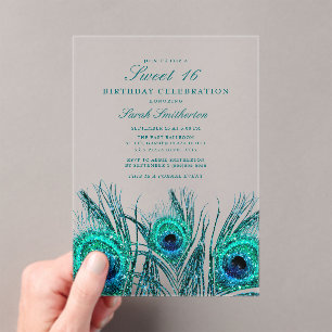 Glitterende Turquoise Blauwe Pauwveren Sweet 16 Acryl Uitnodigingen