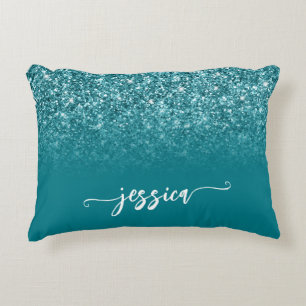 Glitterende Turquoise Glitter Ombre Moderne Script Accent Kussen