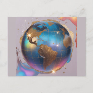 Glitterende Wereldbol – Watercolor Reis Kunst Briefkaart