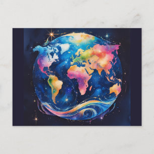 Glitterende Wereldbol – Watercolor Reis Kunst Briefkaart