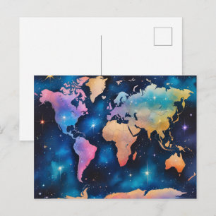 Glitterende Wereldkaart – Watercolor Reiskaart Briefkaart