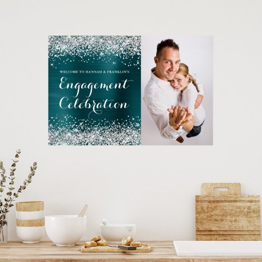 Glitterende zilver-blauwe trouwfeest-viering poster (Keuken)