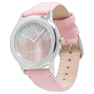 Glitterende Zilveren Blush Roze Glam Witte Naam Horloge