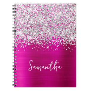Glitterende Zilveren en Heet Roze Glam Script Naam Notitieboek