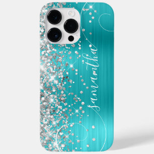 Glitterende zilveren en turkooizen blauwe gekrulde Case-Mate iPhone 14 pro max hoesje