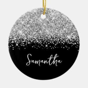 Glitterende Zilveren en Zwarte Glam Naam Foto Keramisch Ornament