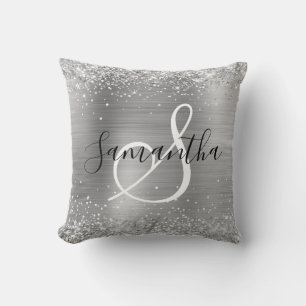 Glitterende Zilveren Folie Elegant Monogram Kussen