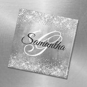 Glitterende Zilveren Folie Fancy Monogram Magneet