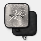 Glitterende Zilveren Folie Fantasie Monogram Pannenlap (Voorkant / Achterkant)