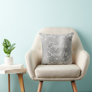 Glitterende Zilveren Folie Glam Sweet 16 Kussen