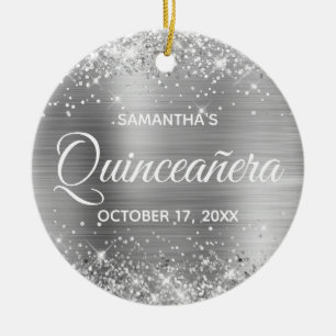 Glitterende Zilveren Folie Quinceañera Keramisch Ornament