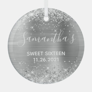 Glitterende Zilveren Folie Sweet 16 Glas Ornament