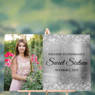 Glitterende Zilveren Folie Sweet Sixteen Welkom Gr Acryl Bord