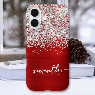 Glitterende Zilveren Glans Rode Glam Naam iPhone 16 Hoesje