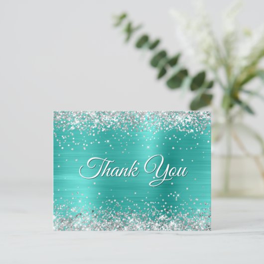Glitterende Zilveren Glans Turkoois Folie Bedankt Briefkaart (Staand voorkant)
