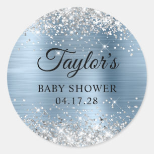 Glitterende Zilveren Lichtblauwe Folie Baby Borrel Ronde Sticker