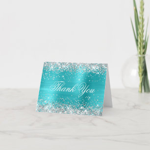 Glitterende Zilveren Nep Glitter Turquoise Blauwe Bedankkaart
