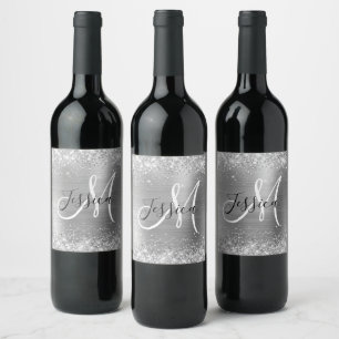 Glitterende zilverfolie zwart-wit monogram wijn etiket