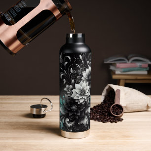 Glitterende zwarte en turquoise bloemen waterfles