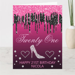 Glitterende zwarte & roze druipende glitter verjaa kaart