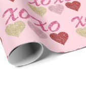 Glitterharten met knuffels en kusjes op roze cadeaupapier (Rol Hoek)