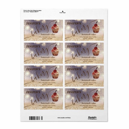 Glitterig  cupcake chef script bakkerij etiket (Full Sheet)