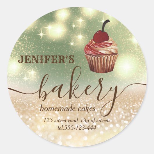 Glitterig  cupcake chef script bakkerij ronde sticker (Voorkant)