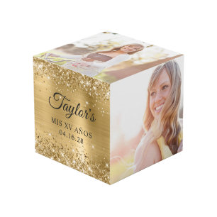 Glitterig Gouden Folie Mis XV Años Foto Kubus