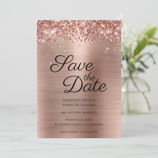 Glitterig Roos Goudfolie Classy Save The Date (Staand voorkant)