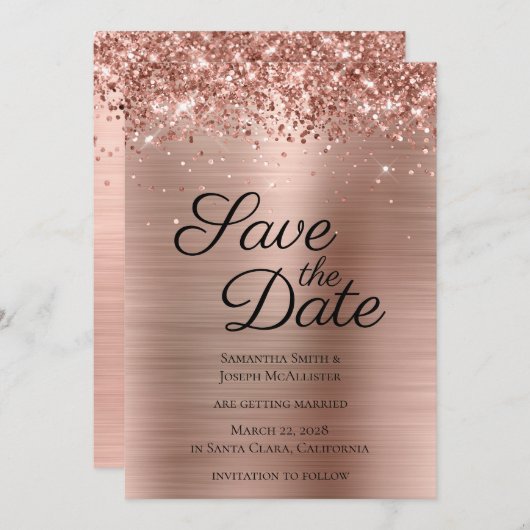 Glitterig Roos Goudfolie Classy Save The Date (Voorkant / Achterkant)