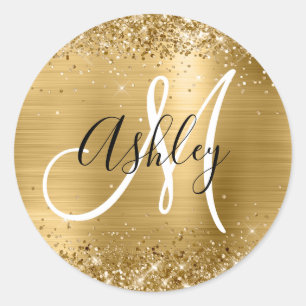 Glitterige goud folie zwart en wit monogram ronde sticker
