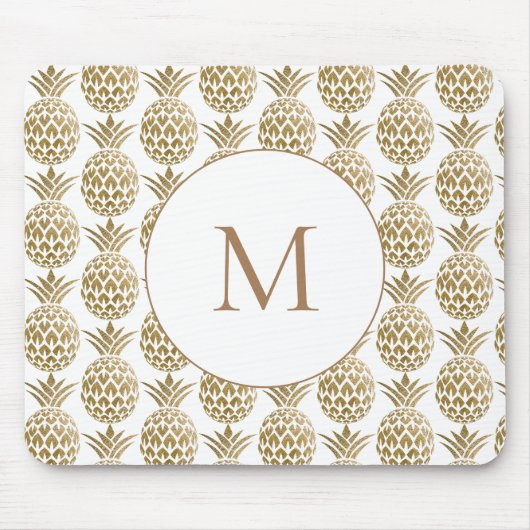 Glitterige Gouden Ananas Patroon Witte Monogram Muismat (Voorkant)