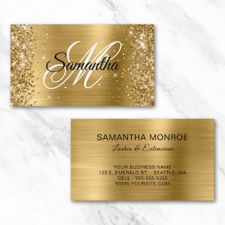 Glitterige gouden folie fancy monogram wimpers visitekaartje