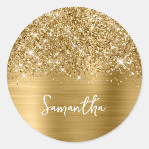 Glitterige Gouden Glam Naam Ronde Sticker