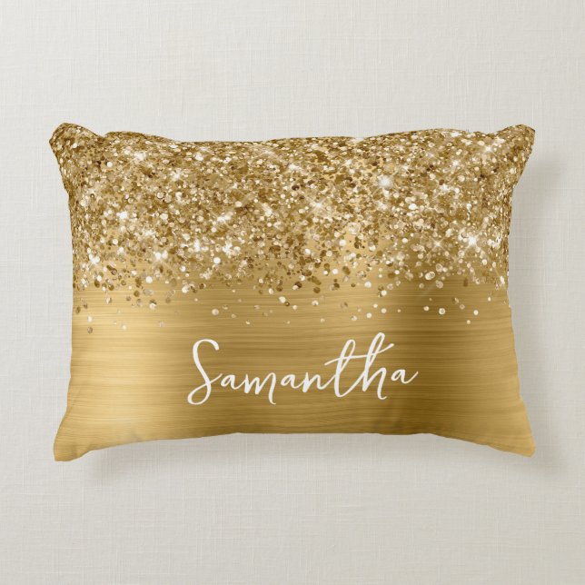 Glitterige Gouden Glam Script Naam Accent Kussen (Voorkant)