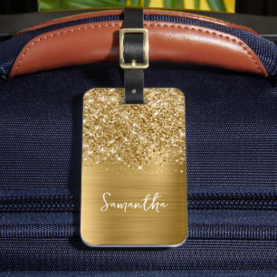 Glitterige Gouden Glam Script Naam Bagagelabel