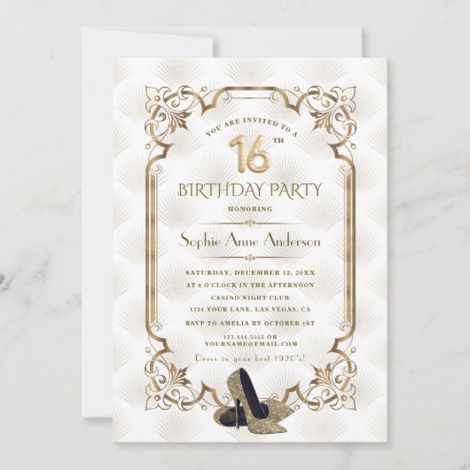 Glitterige Gouden Witte Art Deco Sweet 16 Verjaard Kaart (Voorkant)