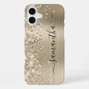 Glitterige lichte gouden metalen vrouwelijke handt iPhone 16 plus hoesje